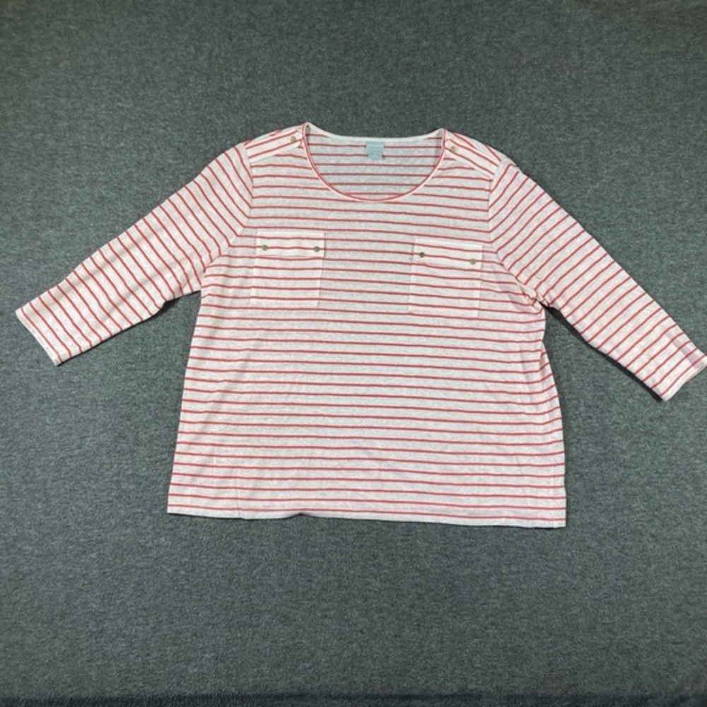 Chicos 100% Linen‎ Top Womens XL Red White Striped Round Neck Coastal Chic